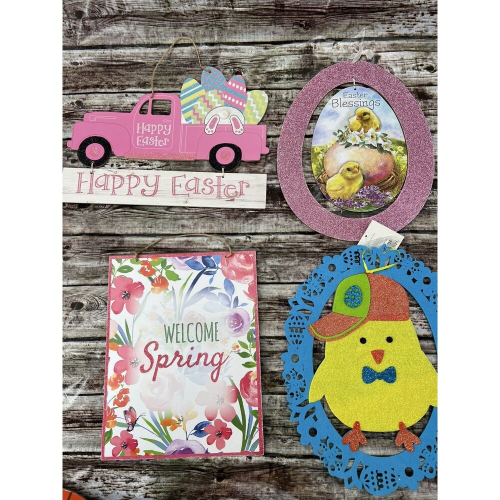 Set of 4 Spring Easter Wooden Door Hanging Signs Chick Bunny Home Decor